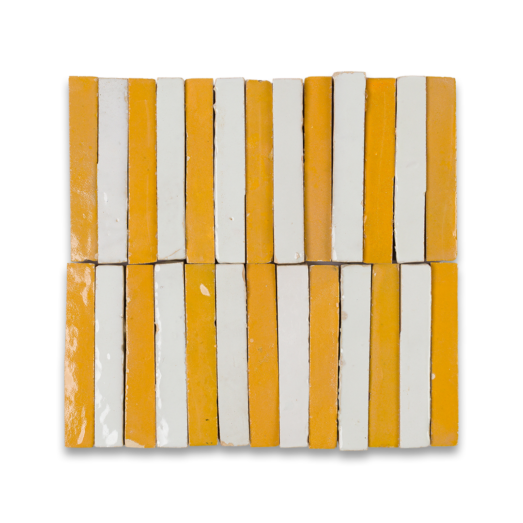 Square tile with yellow and white striped pattern on a white background