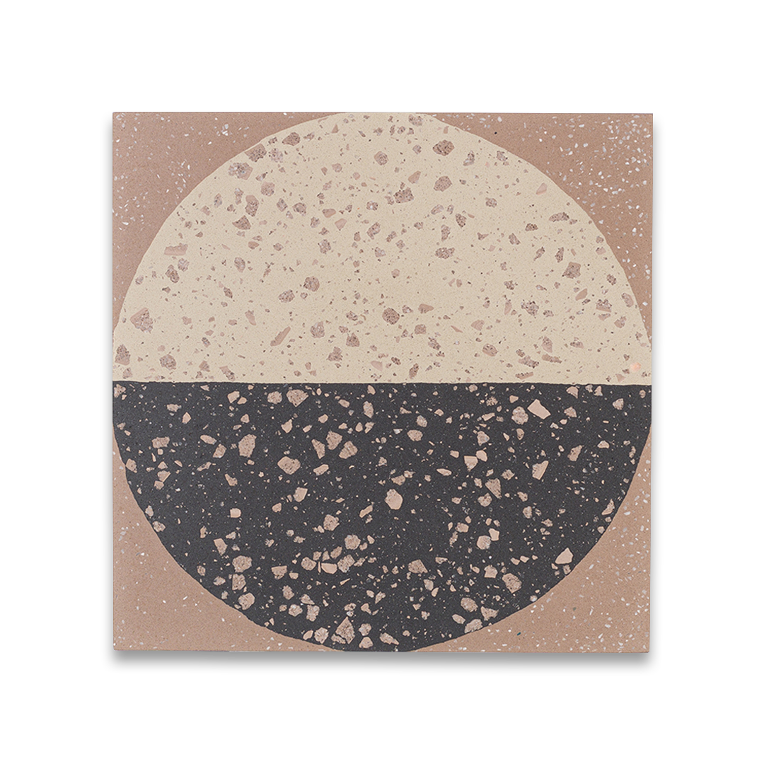 A square cement tile featuring a large circle divided into black and beige halves with terrazzo speckles, set against a warm brown background for a modern geometric look.