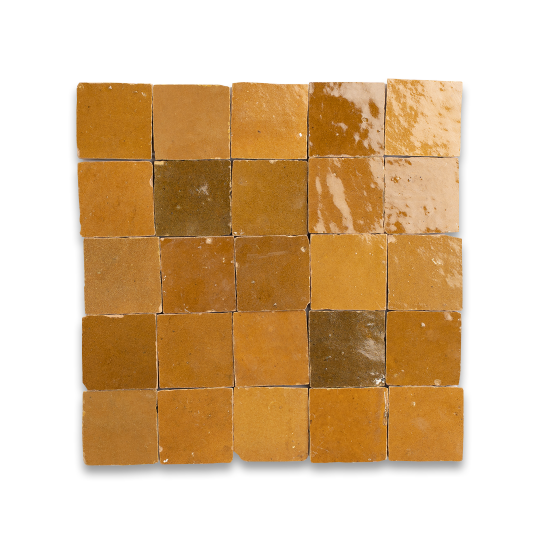 Square mosaic of brown tiles on a white background
