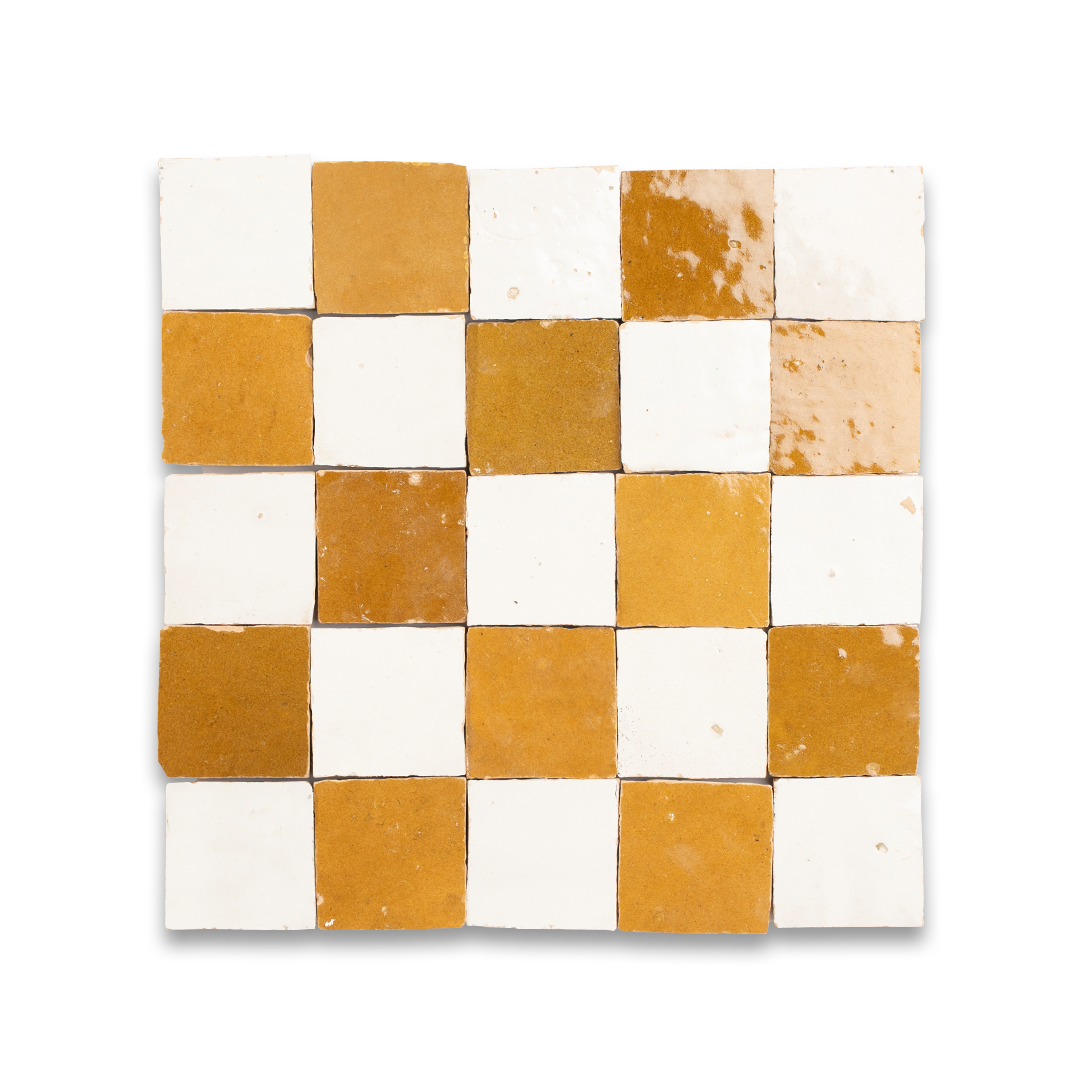 Checkerboard pattern with alternating brown and white squares on a white background