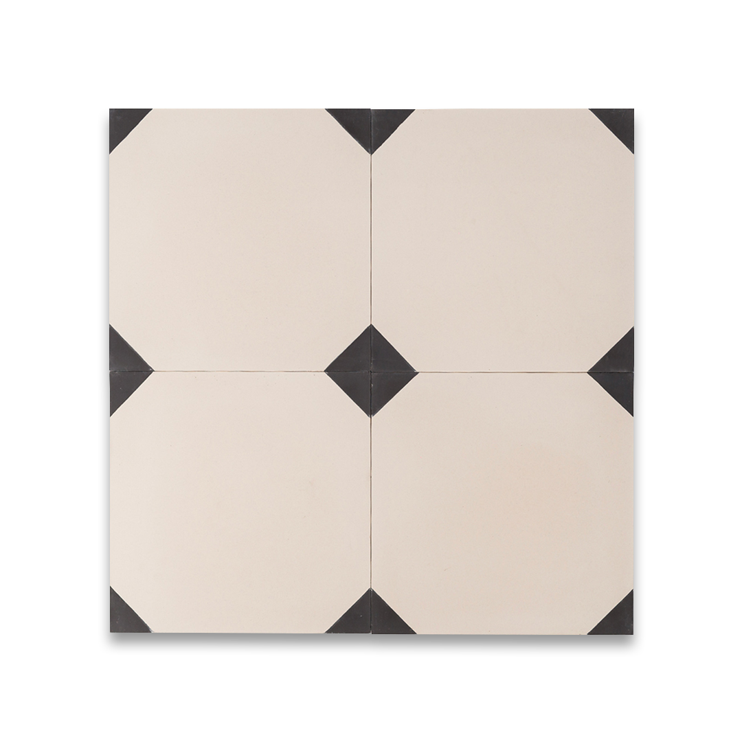 Anthropology Black tile featuring soft ivory tones with charcoal corner accents, ideal for modern interiors, offering a timeless geometric pattern for floors and walls.