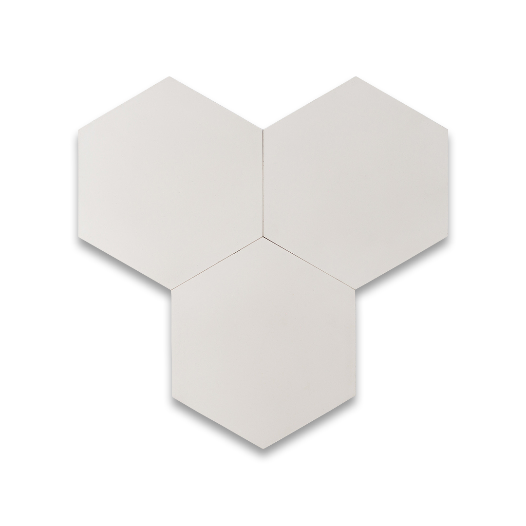 Pure white hexagonal cement tile with a smooth matte surface, showcasing minimalist geometric design ideal for modern flooring, wall cladding, and contemporary interior aesthetics.