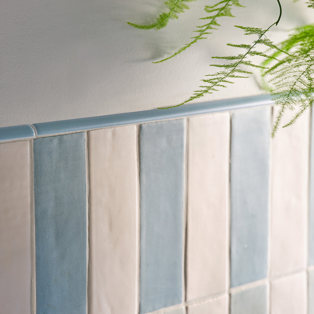 Tiled wall with horizontal stripes of blue and beige, featuring a plant in the corner.