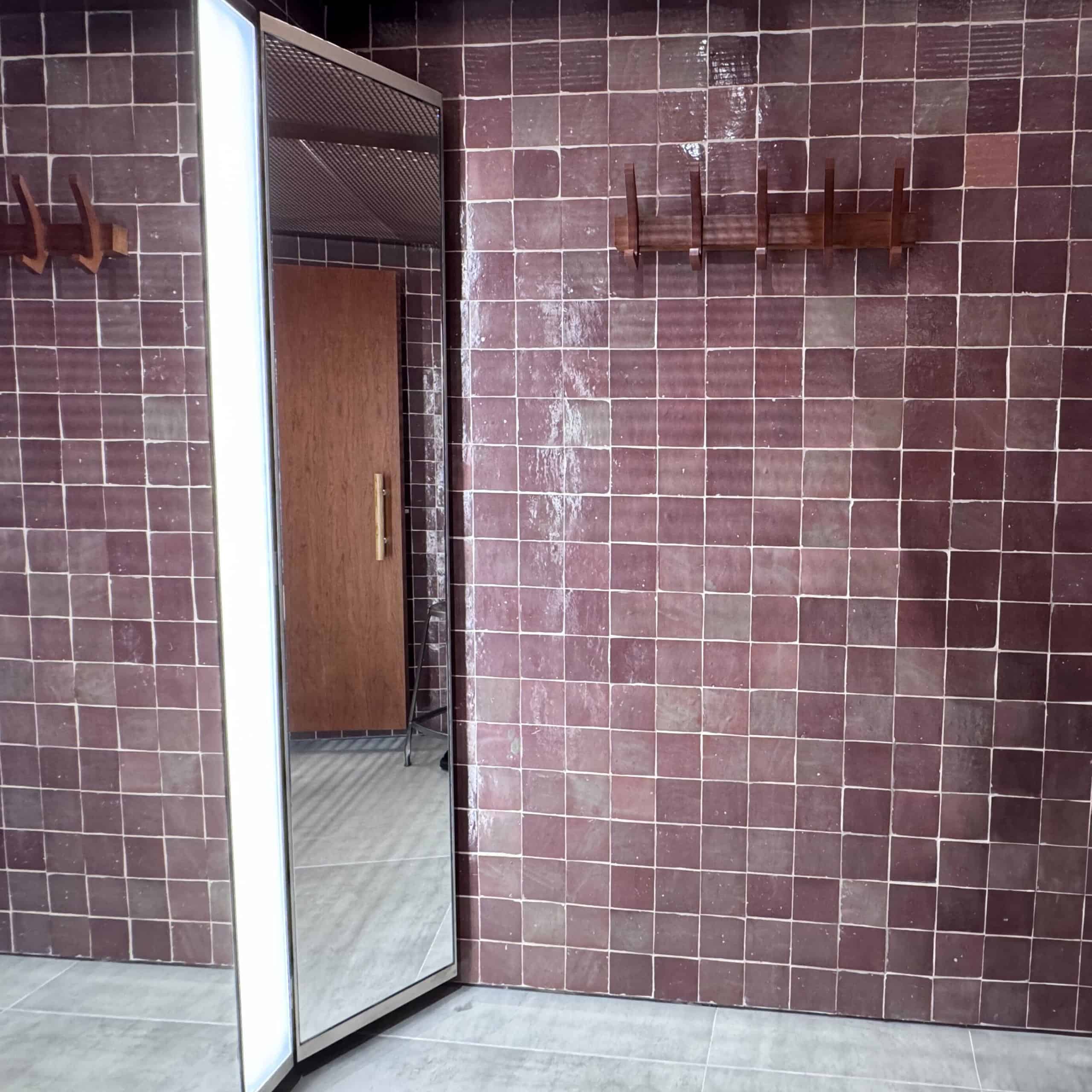 Bathroom with purple tiled walls and a wooden door.