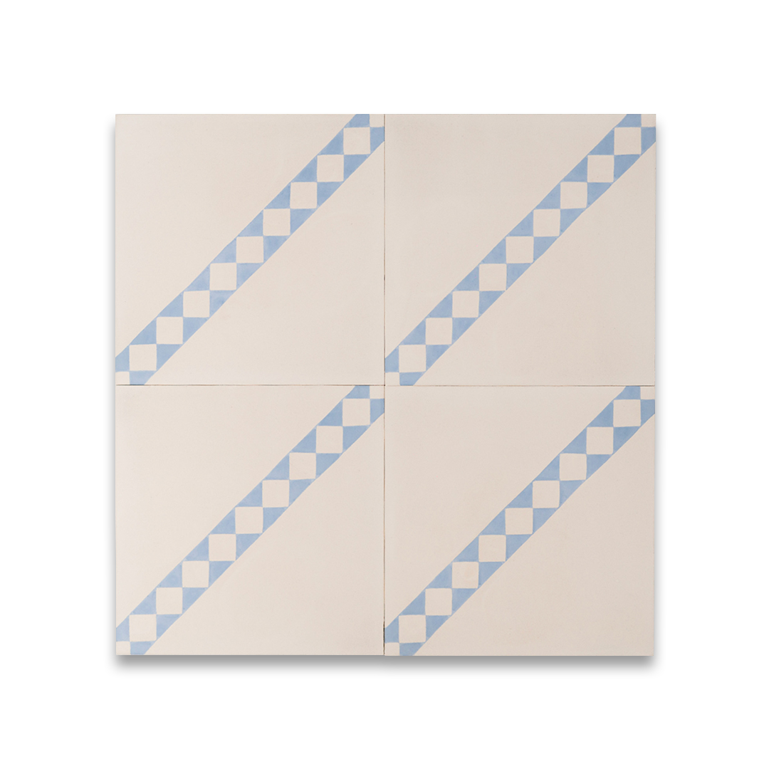 Cement tile featuring a white base with a diagonal blue-and-white checkered stripe, perfect for Mediterranean interiors, accent walls, or patterned floor layouts.