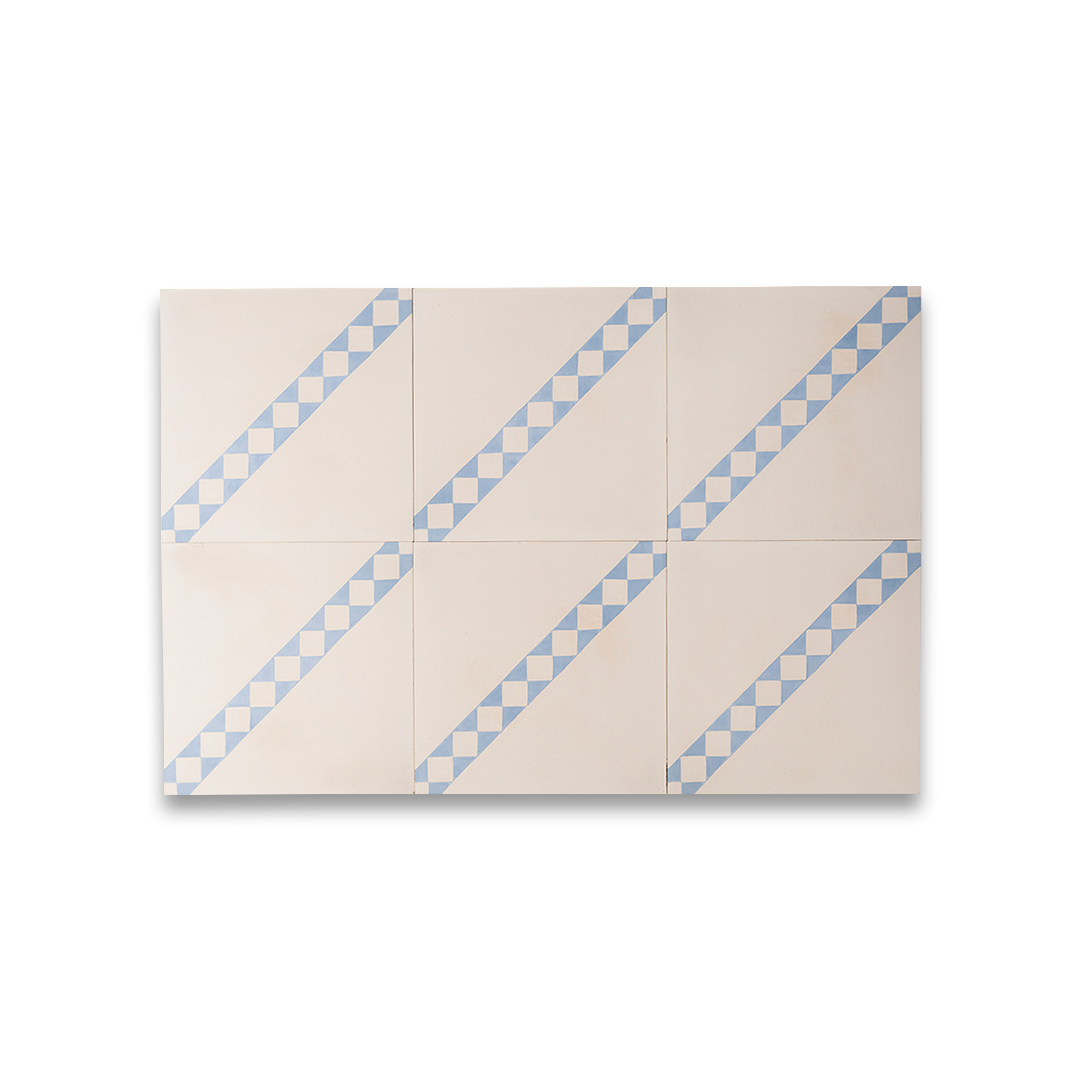 Cement tile featuring a white base with a diagonal blue-and-white checkered stripe, perfect for Mediterranean interiors, accent walls, or patterned floor layouts.