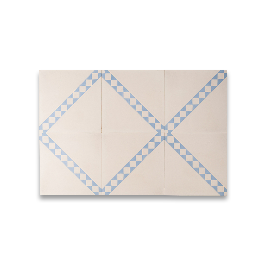 Cement tile featuring a white base with a diagonal blue-and-white checkered stripe, perfect for Mediterranean interiors, accent walls, or patterned floor layouts.