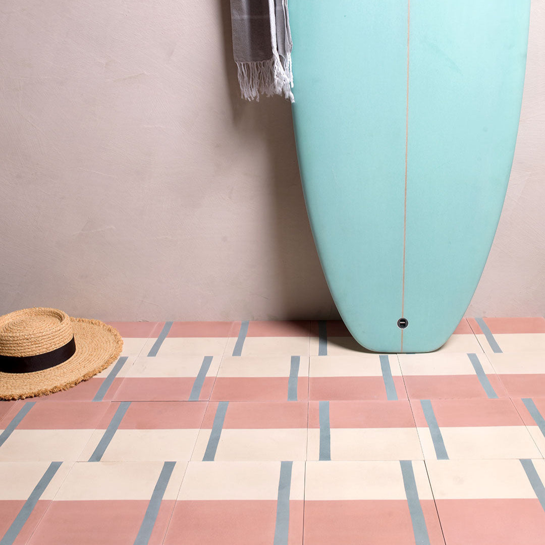 Blush Horizon cement tile featuring a soft pink upper block, cream lower section, and vertical muted blue stripe, matte finish, ideal for modern, minimalist, or Scandinavian interior wall and floor décor.