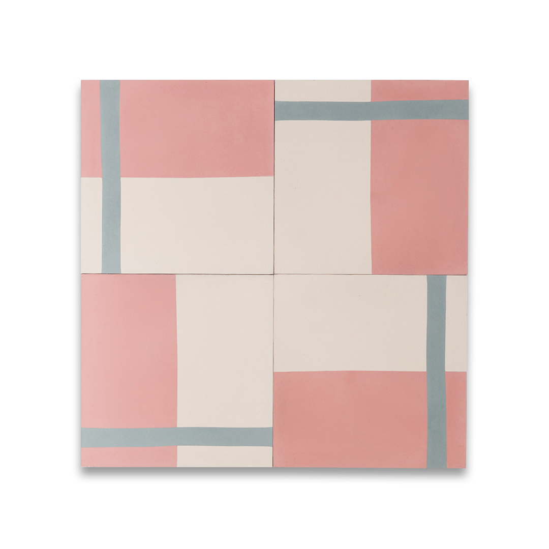 Blush Horizon cement tile featuring a soft pink upper block, cream lower section, and vertical muted blue stripe, matte finish, ideal for modern, minimalist, or Scandinavian interior wall and floor décor.
