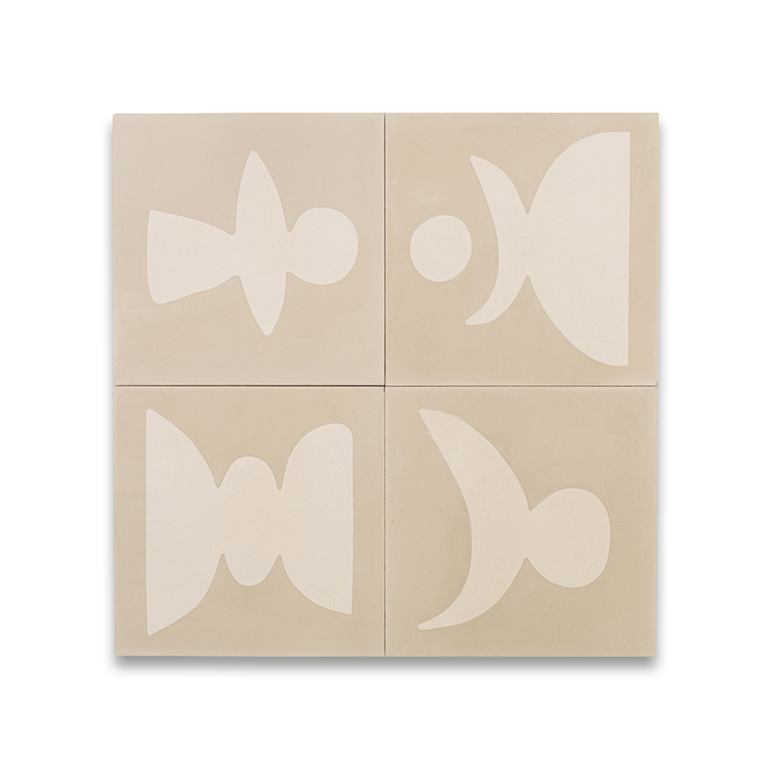 Beige cement tile featuring cream abstract geometric shapes with a modern artistic style, ideal for contemporary interiors, accent walls, or creative patterned floor designs.