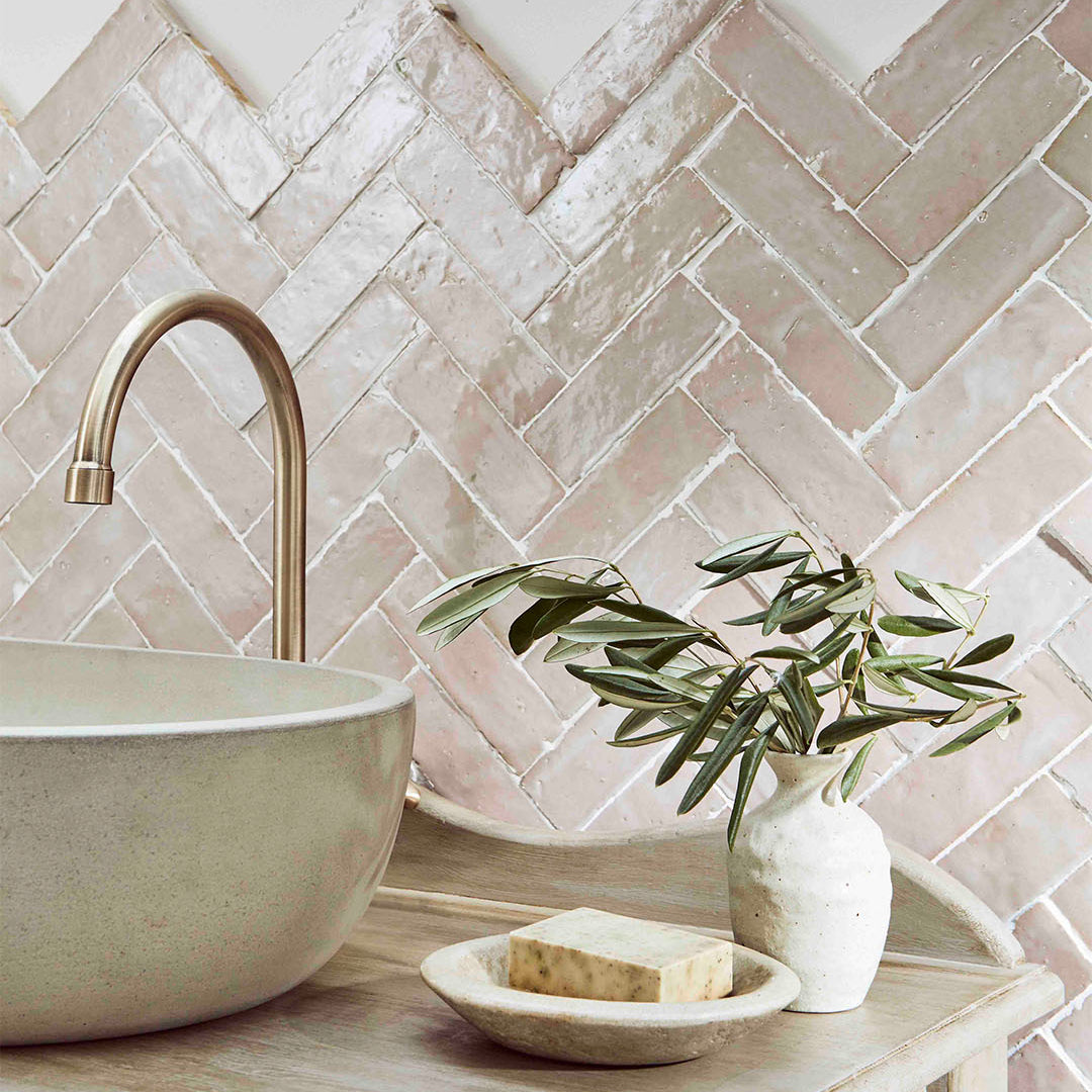 Bathroom setting with a sink, soap, and plant against a tiled wall.