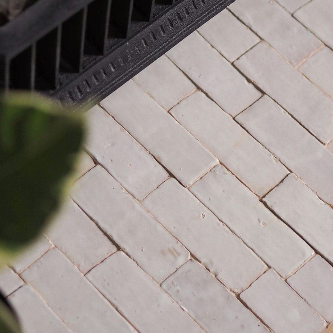 Close-up of a patterned tile floor with a plant in the foreground
