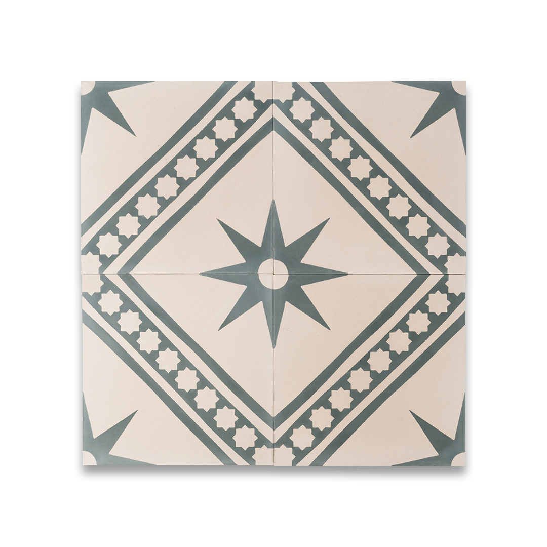 Beige and charcoal cement tile featuring a diagonal geometric pattern with star motifs and bold angular accents, handcrafted matte finish, ideal for Mediterranean-inspired flooring, wall décor, and interior design applications.