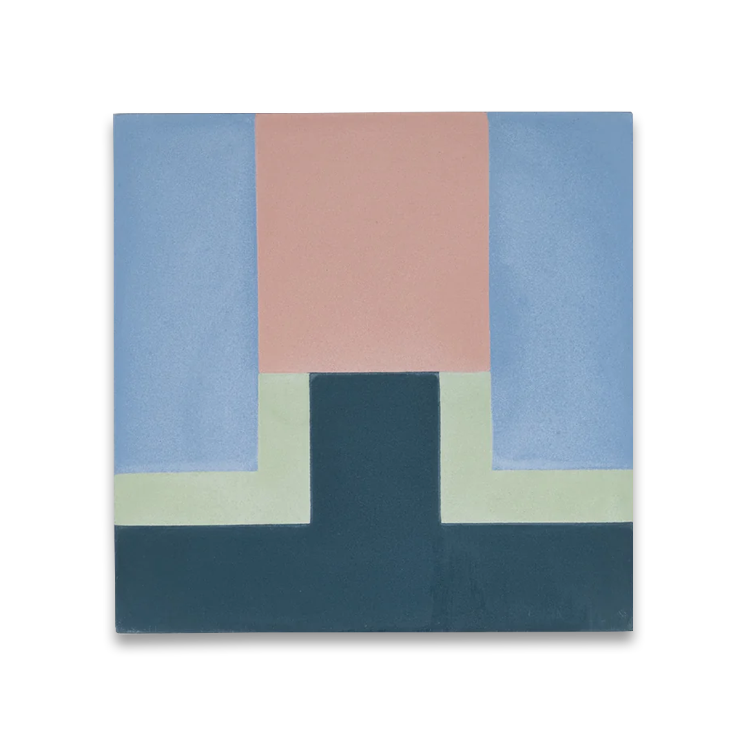 Cement tile featuring a geometric block pattern in pastel pink, sky blue, mint green, and deep teal tones, matte finish, ideal for modern, retro, or Mediterranean interior flooring and wall décor applications.