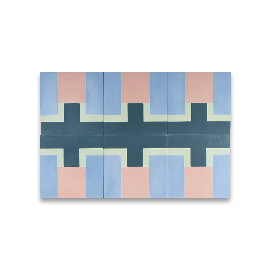Cement tile featuring a geometric block pattern in pastel pink, sky blue, mint green, and deep teal tones, matte finish, ideal for modern, retro, or Mediterranean interior flooring and wall décor applications.