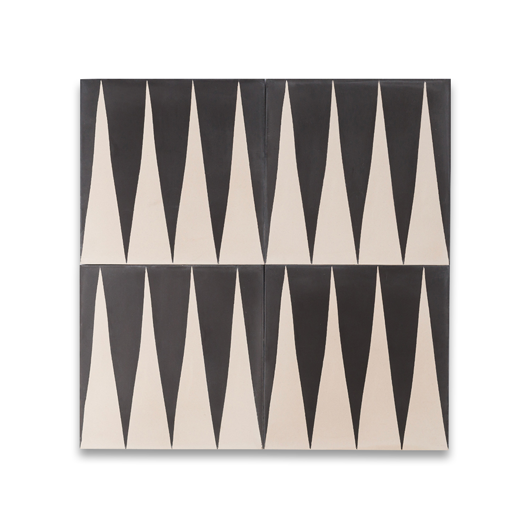 A bold black and white triangular geometric pattern with a matte finish, square shape, ideal for modern, minimalist, or contemporary flooring and wall décor applications.