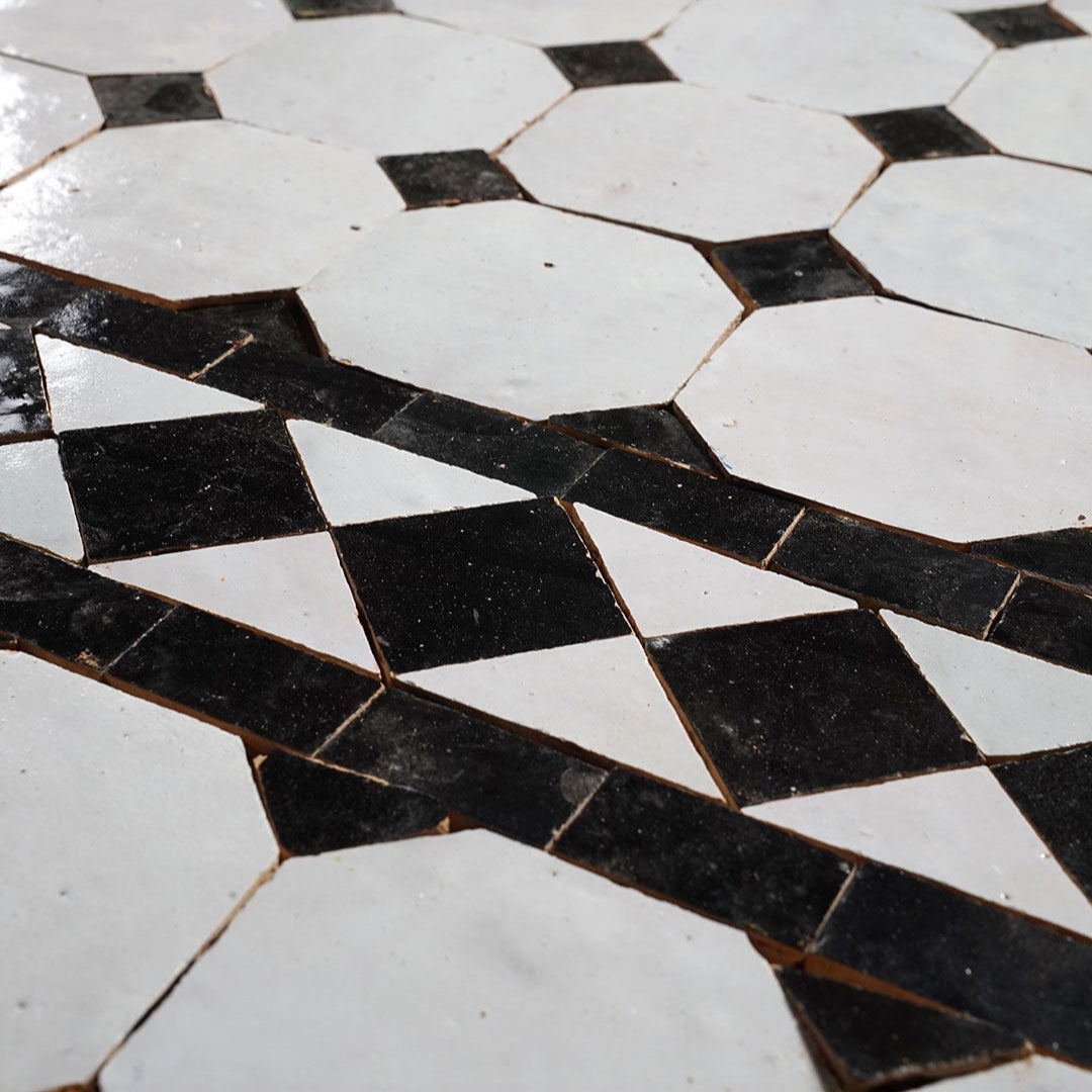 Hexagonal black and white tiled floor pattern