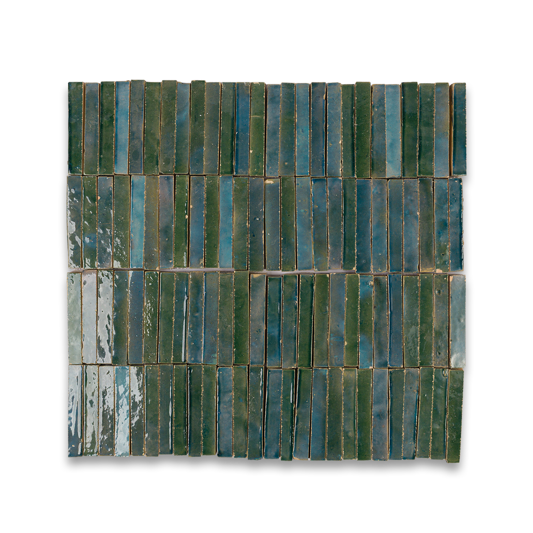 Rectangular mosaic tile with green and blue hues on a white background
