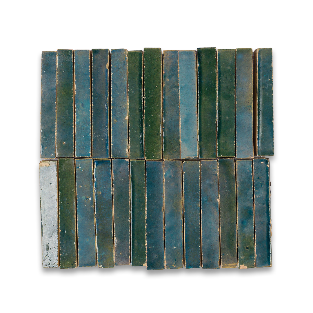 Set of green ceramic tiles on a white background