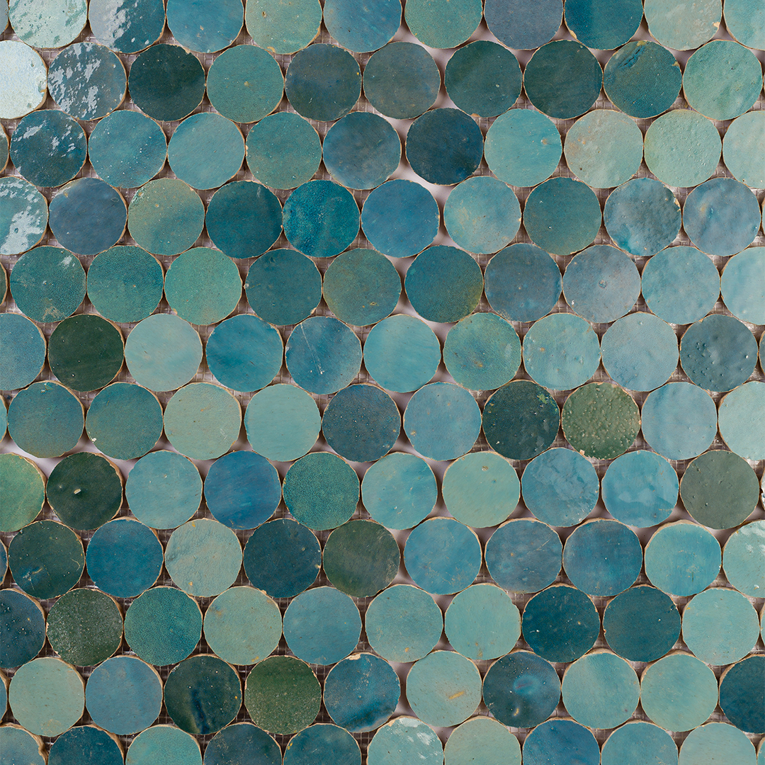 Close-up of blue and green hexagonal tiles