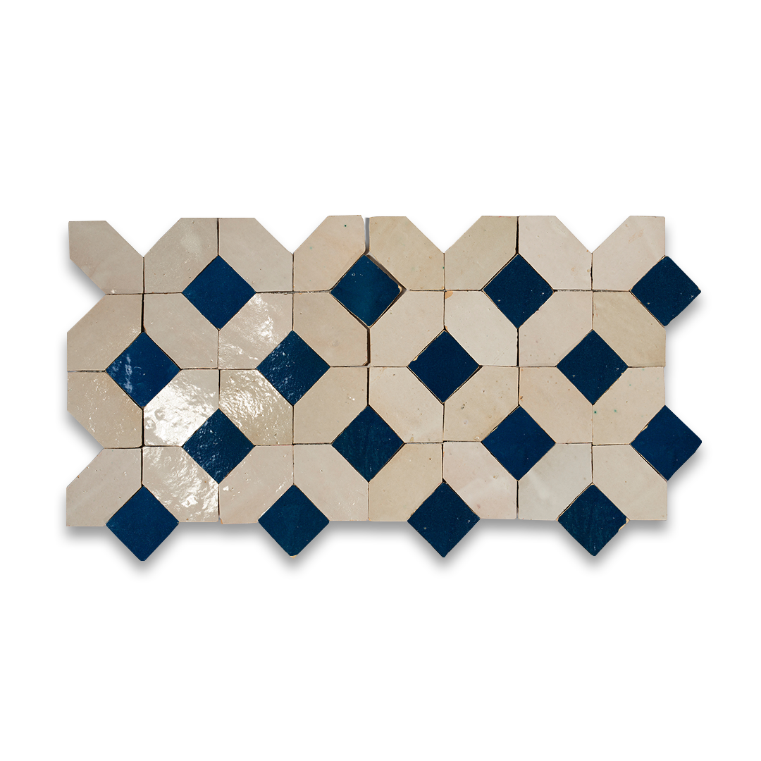 Mosaic pattern of beige and blue tiles on a white background