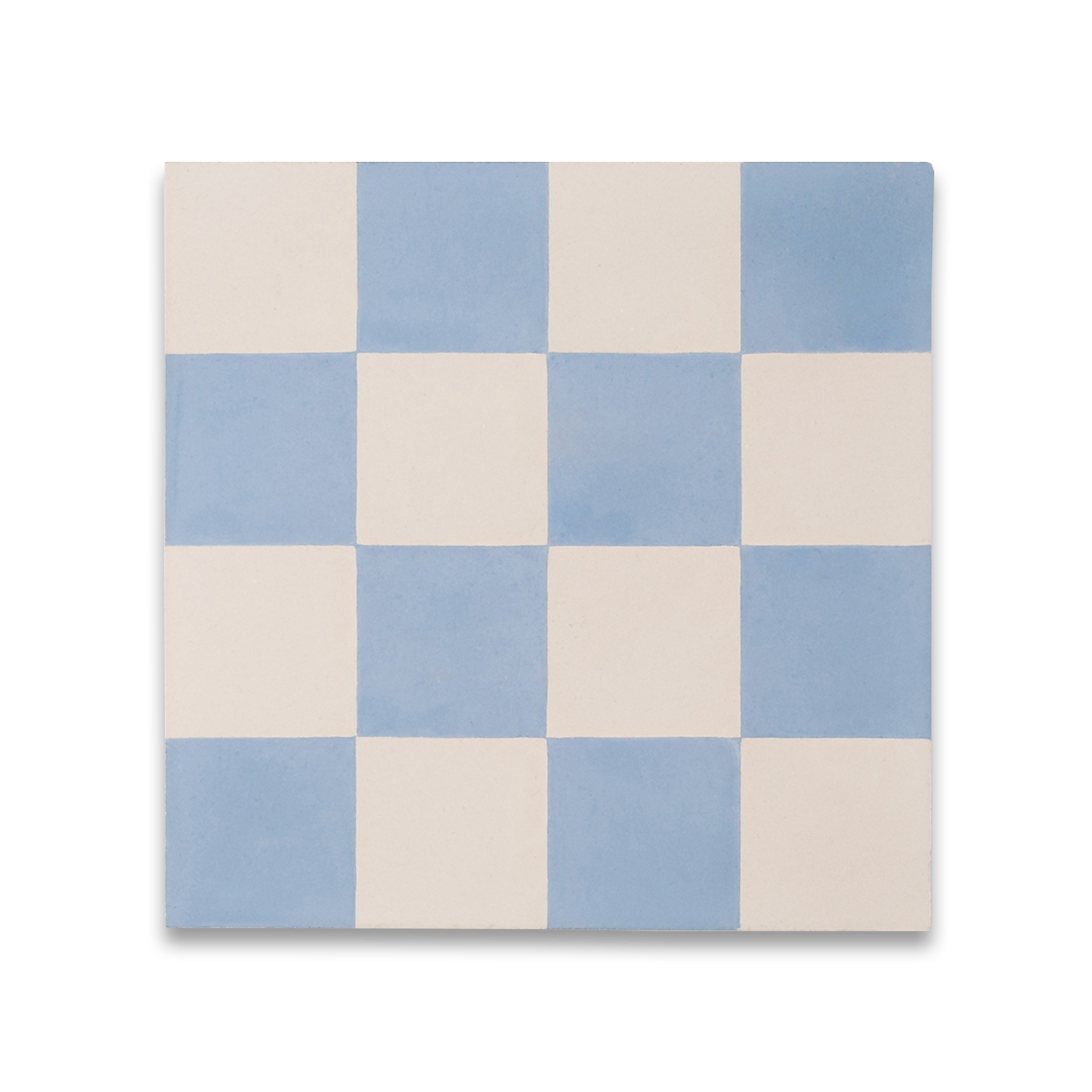 Cement tile featuring a classic checkerboard pattern in alternating sky blue and white squares, matte finish, ideal for coastal, vintage, or contemporary interior flooring and wall décor applications.