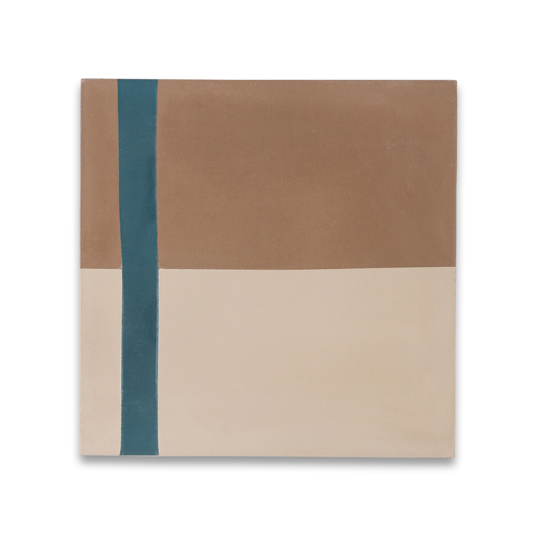 A geometric block pattern in beige, brown, and teal tones with a matte finish, ideal for modern, minimalist, or contemporary interior flooring and wall décor applications.