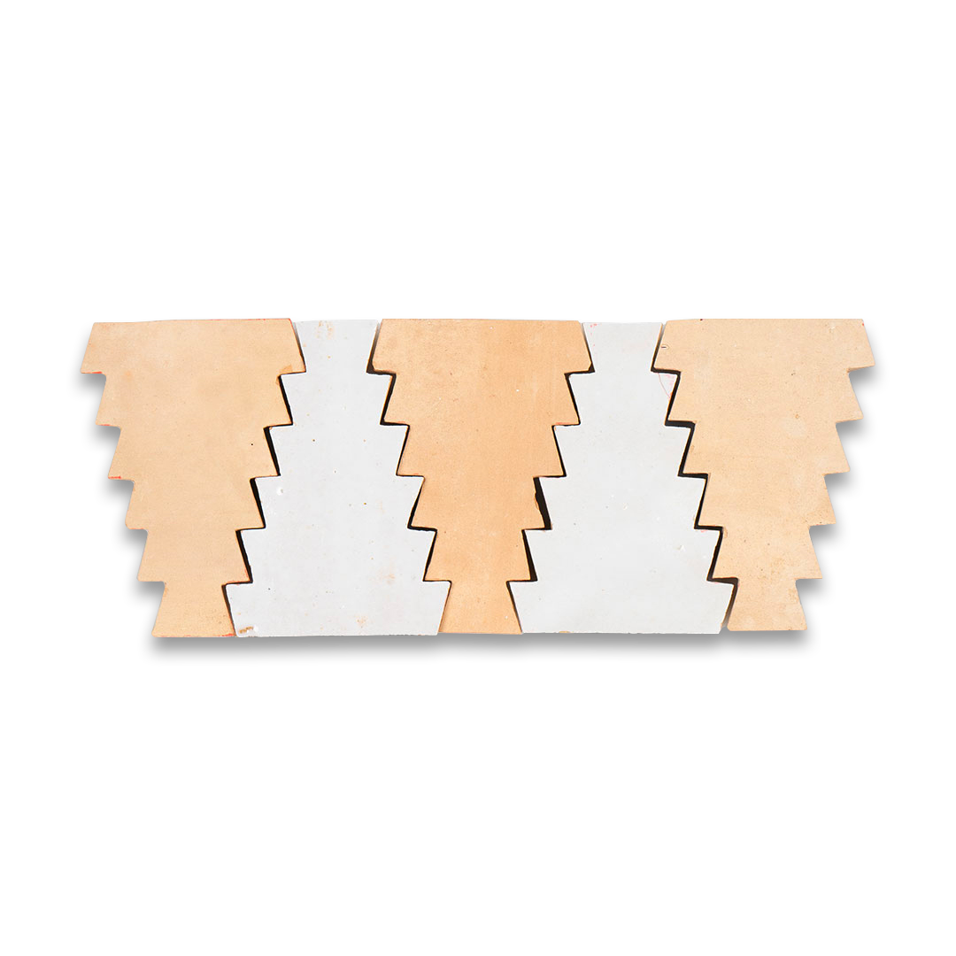 Wooden puzzle piece with geometric design on a white background