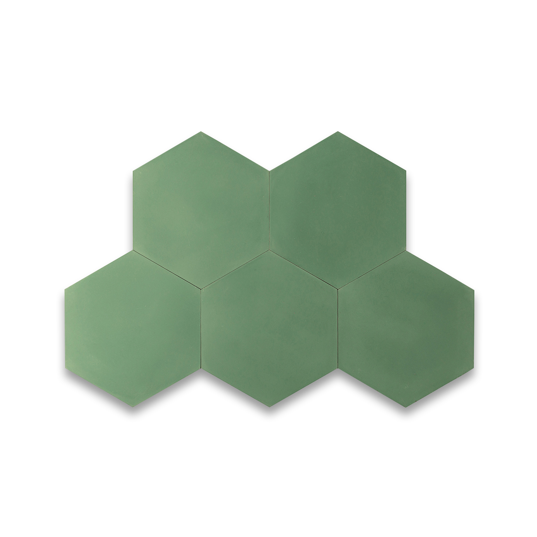 A solid sage green color in a hexagonal shape with a smooth matte finish, ideal for modern, minimalist, or Scandinavian flooring and wall designs.