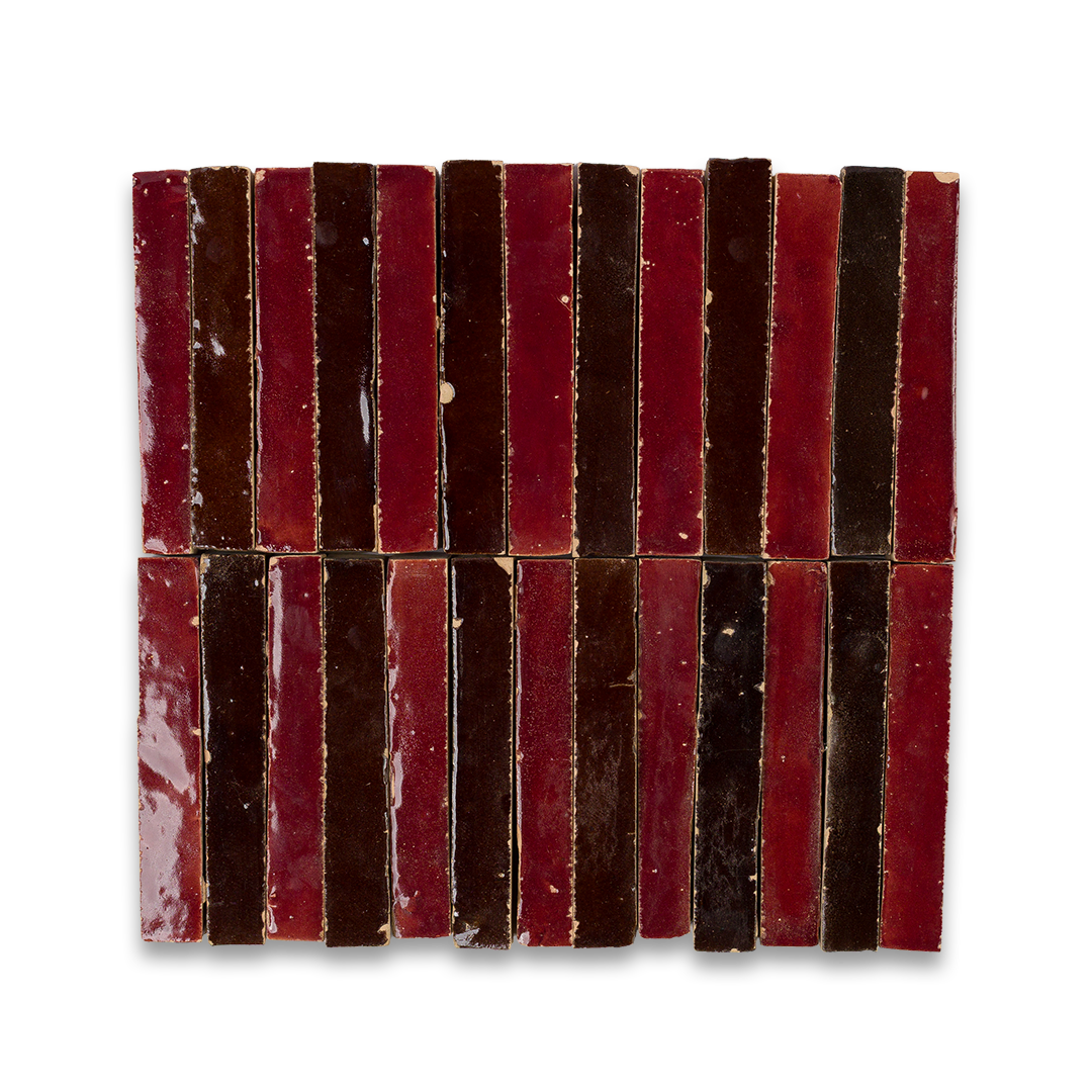 Mosaic tile with red and brown rectangular tiles on a white background