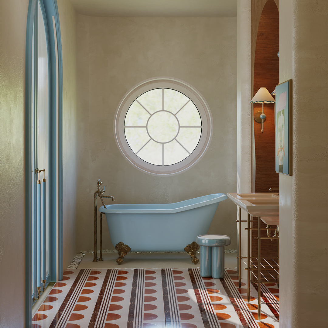 Bathroom with freestanding bathtub, stained glass window, and patterned floor.