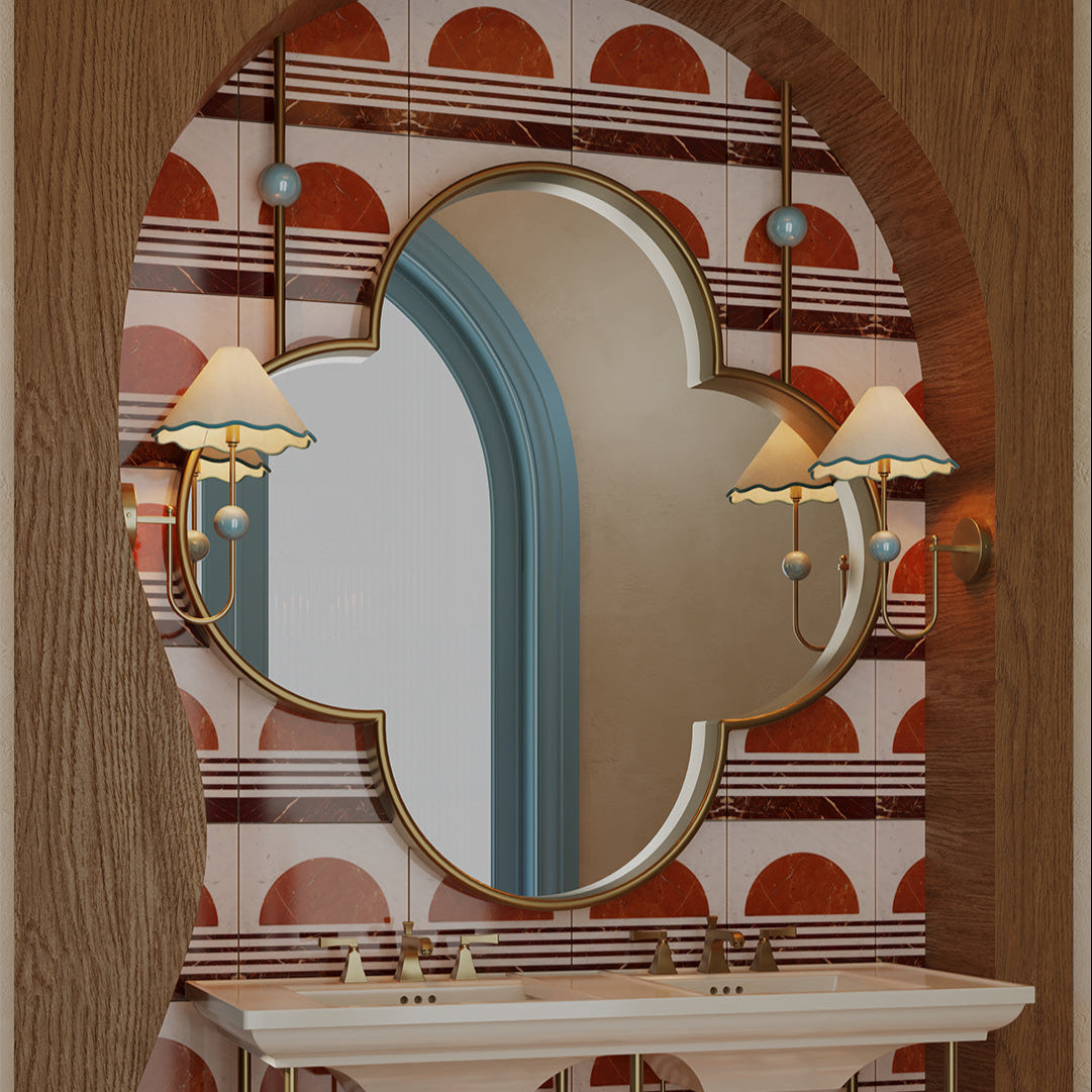 Decorative mirror with lights on a wall with geometric pattern
