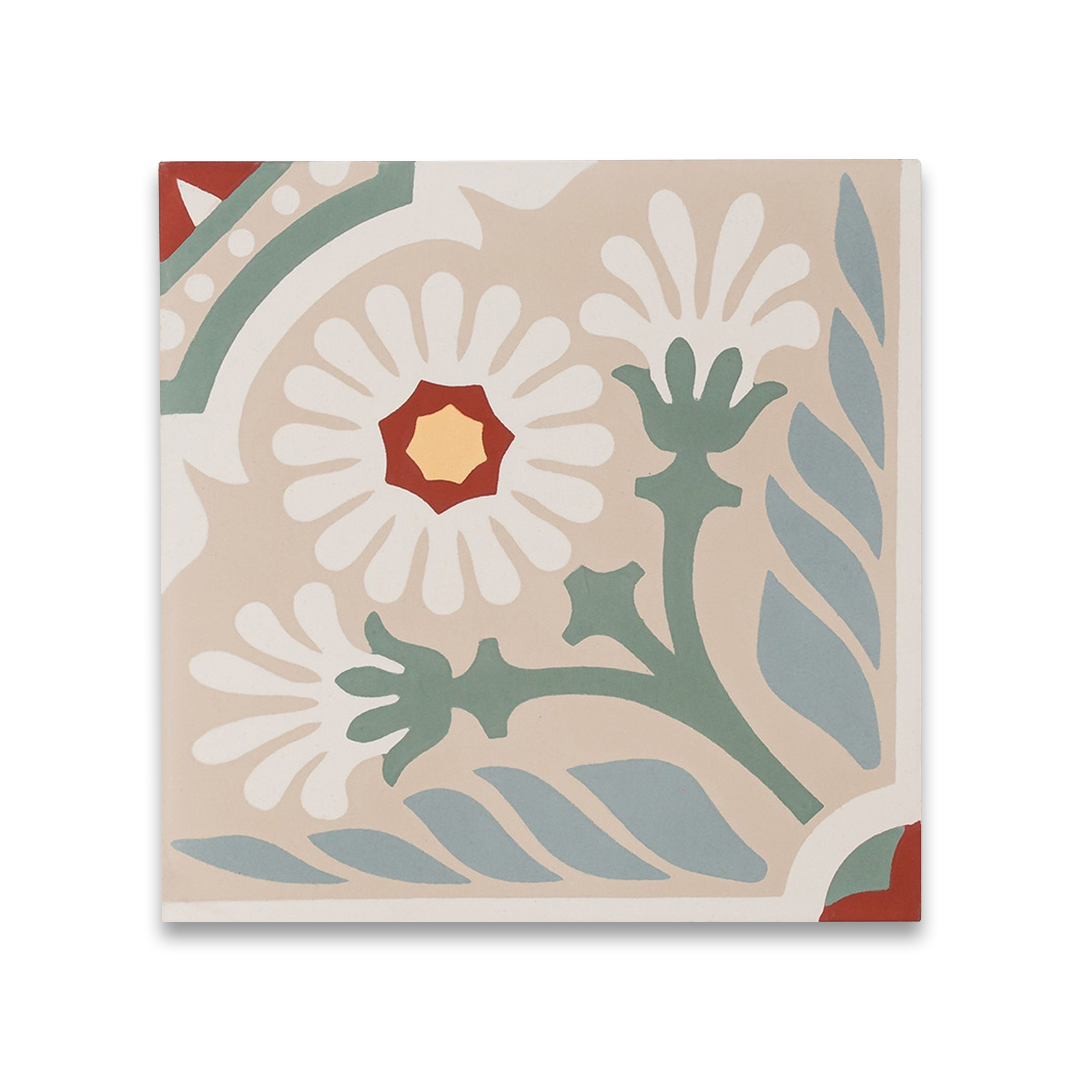 A floral pattern with white daisy-like flowers, green stems, and blue-gray leaves on a beige background, accented with red and yellow details, ideal for vintage or Mediterranean interiors.