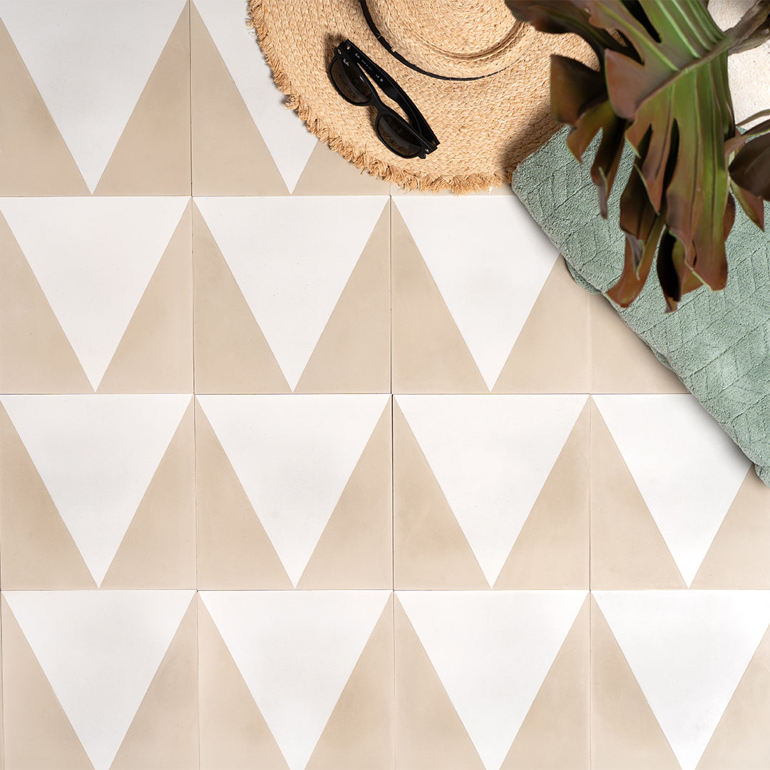Beige and cream cement tile featuring a minimalist triangular peak design, ideal for modern interiors, geometric wall layouts, or contemporary patterned floor installations.