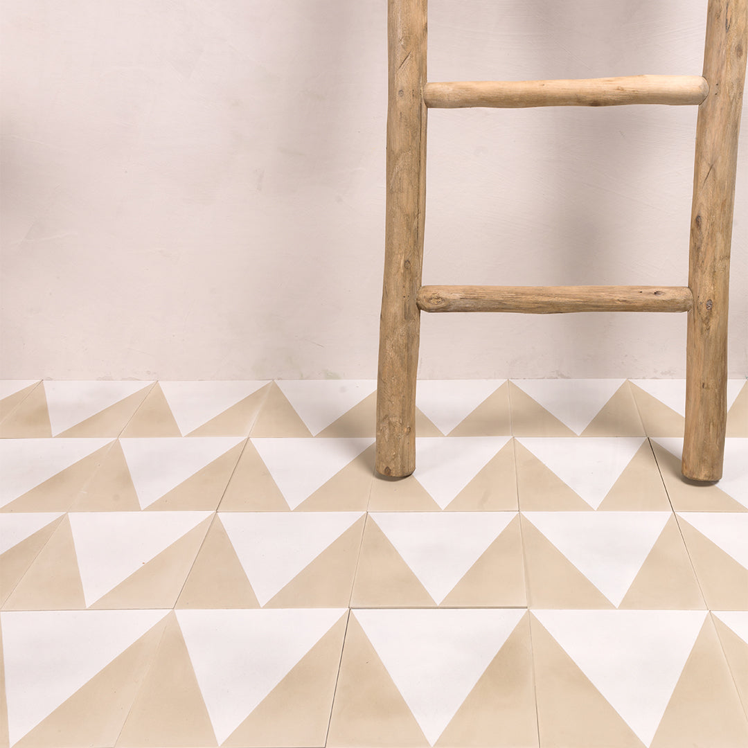 Beige and cream cement tile featuring a minimalist triangular peak design, ideal for modern interiors, geometric wall layouts, or contemporary patterned floor installations.