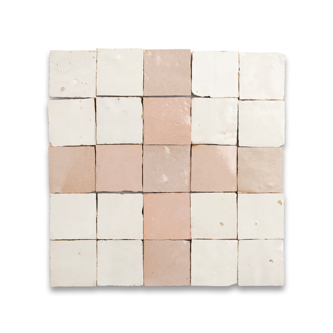 Square tile pattern with beige and pink tiles on a white background