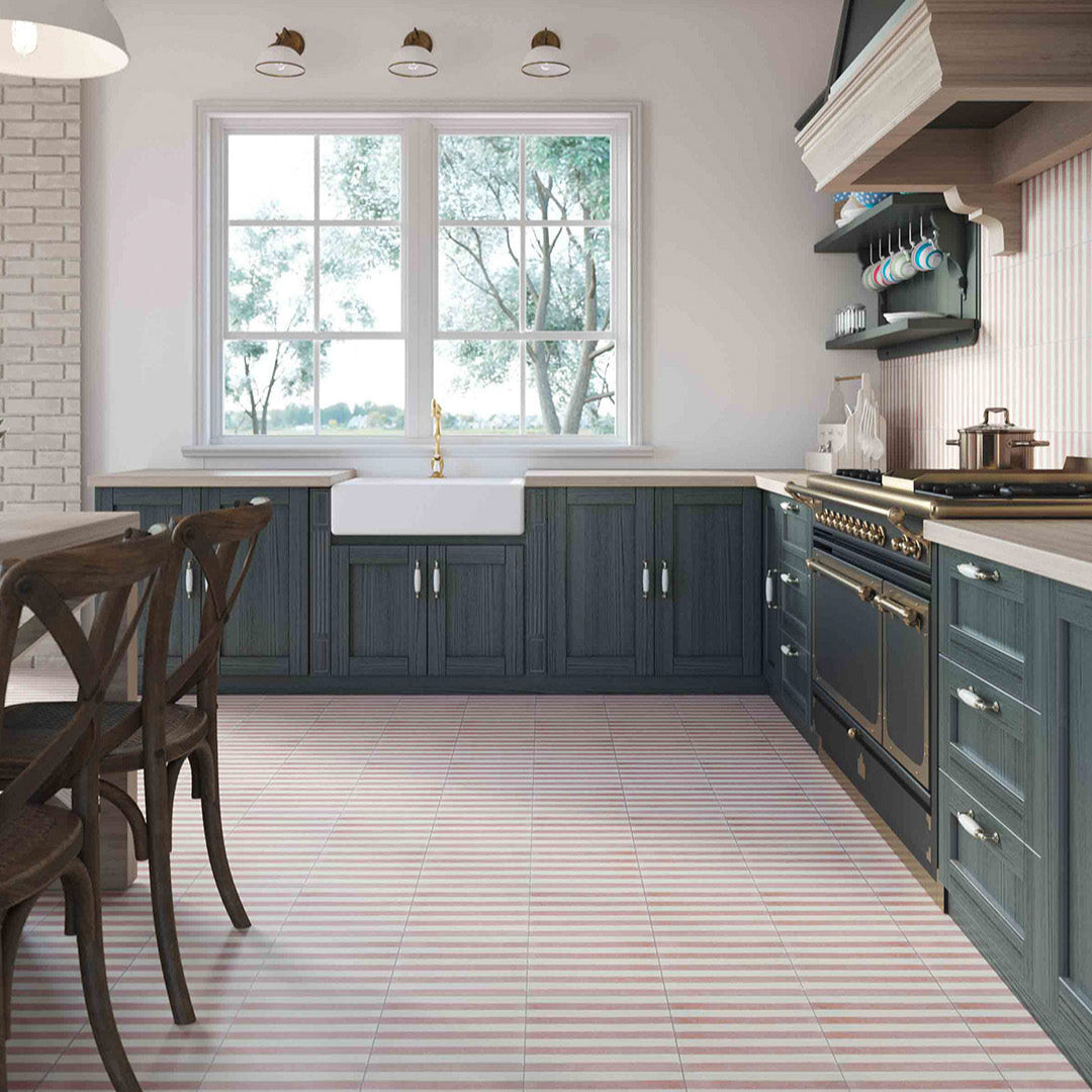 Dirty Pink Stripes cement tile featuring alternating vertical stripes in soft blush pink and off-white tones, handcrafted matte finish, ideal for modern, Scandinavian, or vintage-inspired interior flooring and wall décor applications.