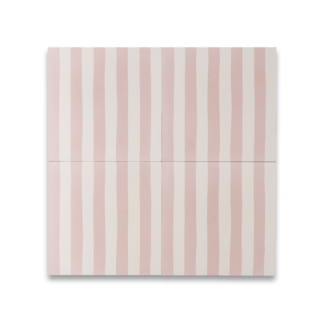 Dirty Pink Stripes cement tile featuring alternating vertical stripes in soft blush pink and off-white tones, handcrafted matte finish, ideal for modern, Scandinavian, or vintage-inspired interior flooring and wall décor applications.