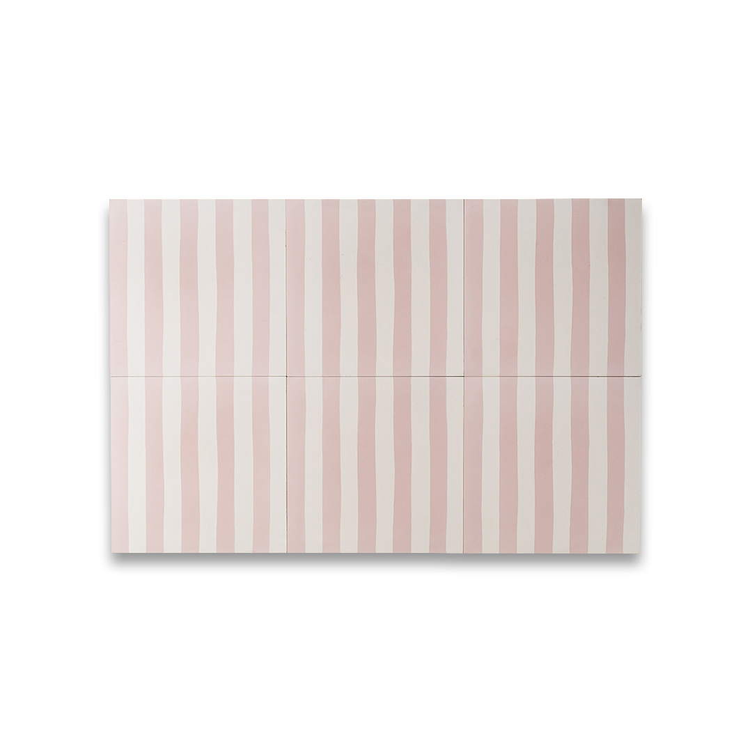Dirty Pink Stripes cement tile featuring alternating vertical stripes in soft blush pink and off-white tones, handcrafted matte finish, ideal for modern, Scandinavian, or vintage-inspired interior flooring and wall décor applications.