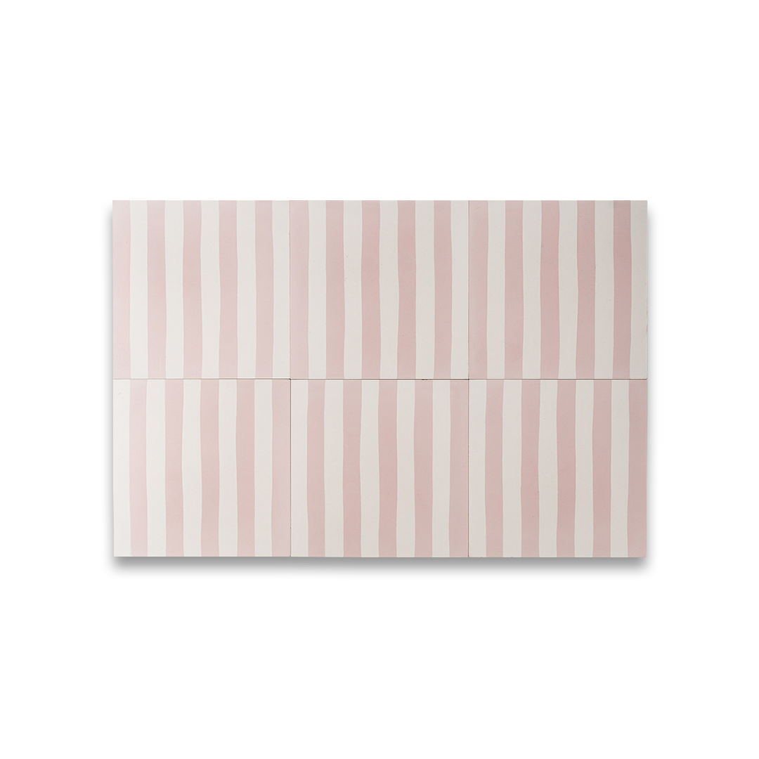 Dirty Pink Stripes cement tile featuring alternating vertical stripes in soft blush pink and off-white tones, handcrafted matte finish, ideal for modern, Scandinavian, or vintage-inspired interior flooring and wall décor applications.