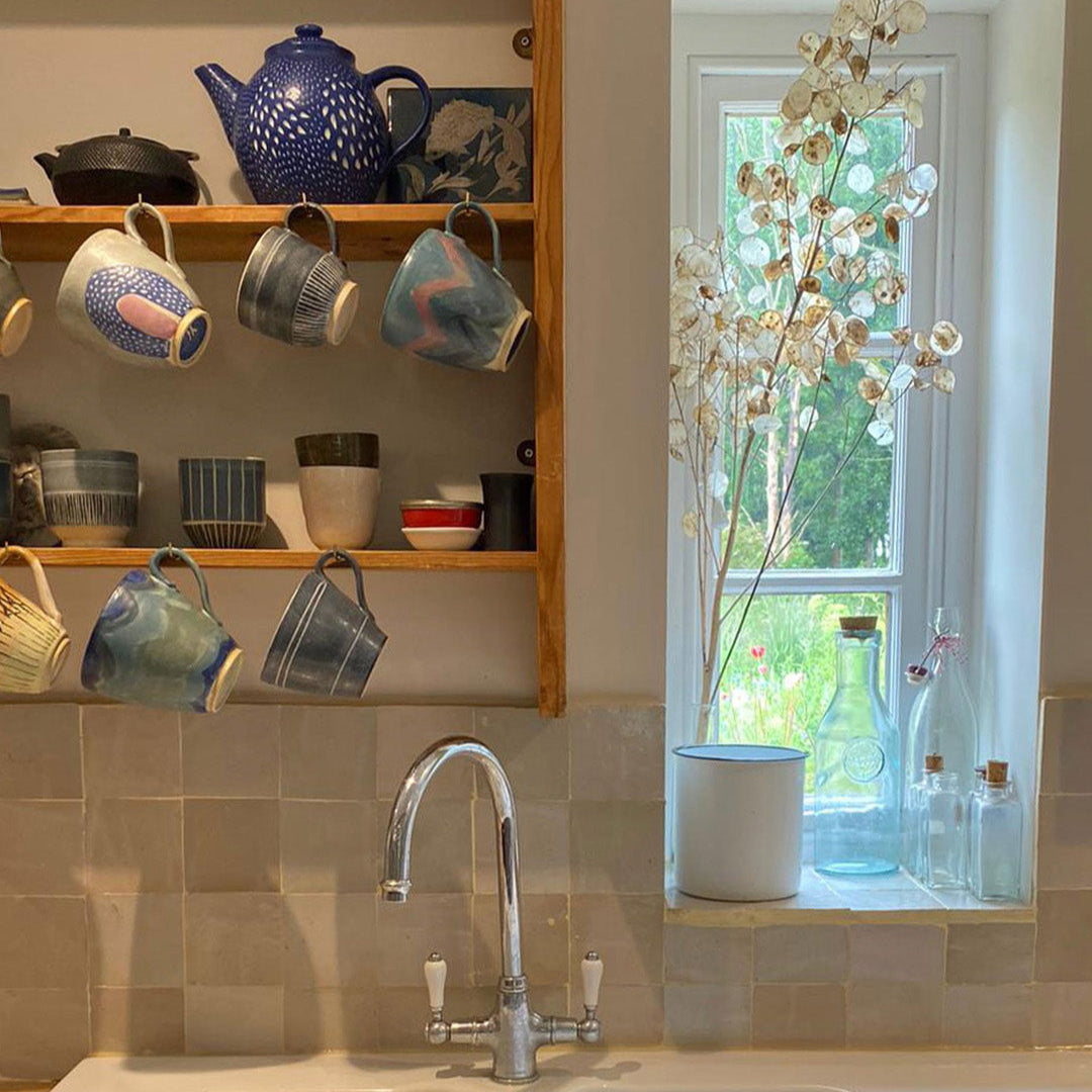 Kitchen with wooden shelves displaying mugs, a window with plants, and a sink.