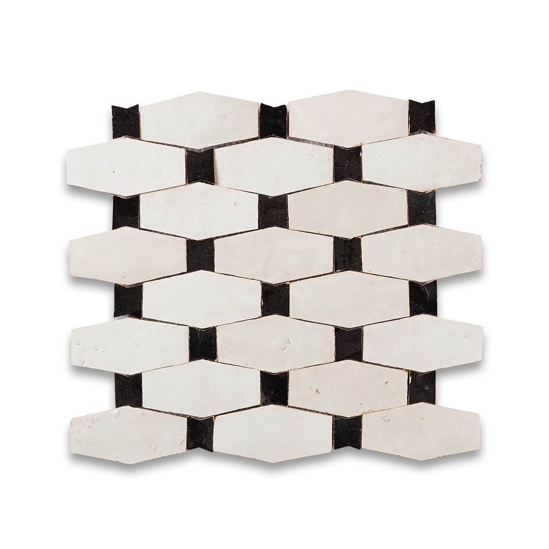 Hexagonal mosaic tile with black and white pattern on a white background