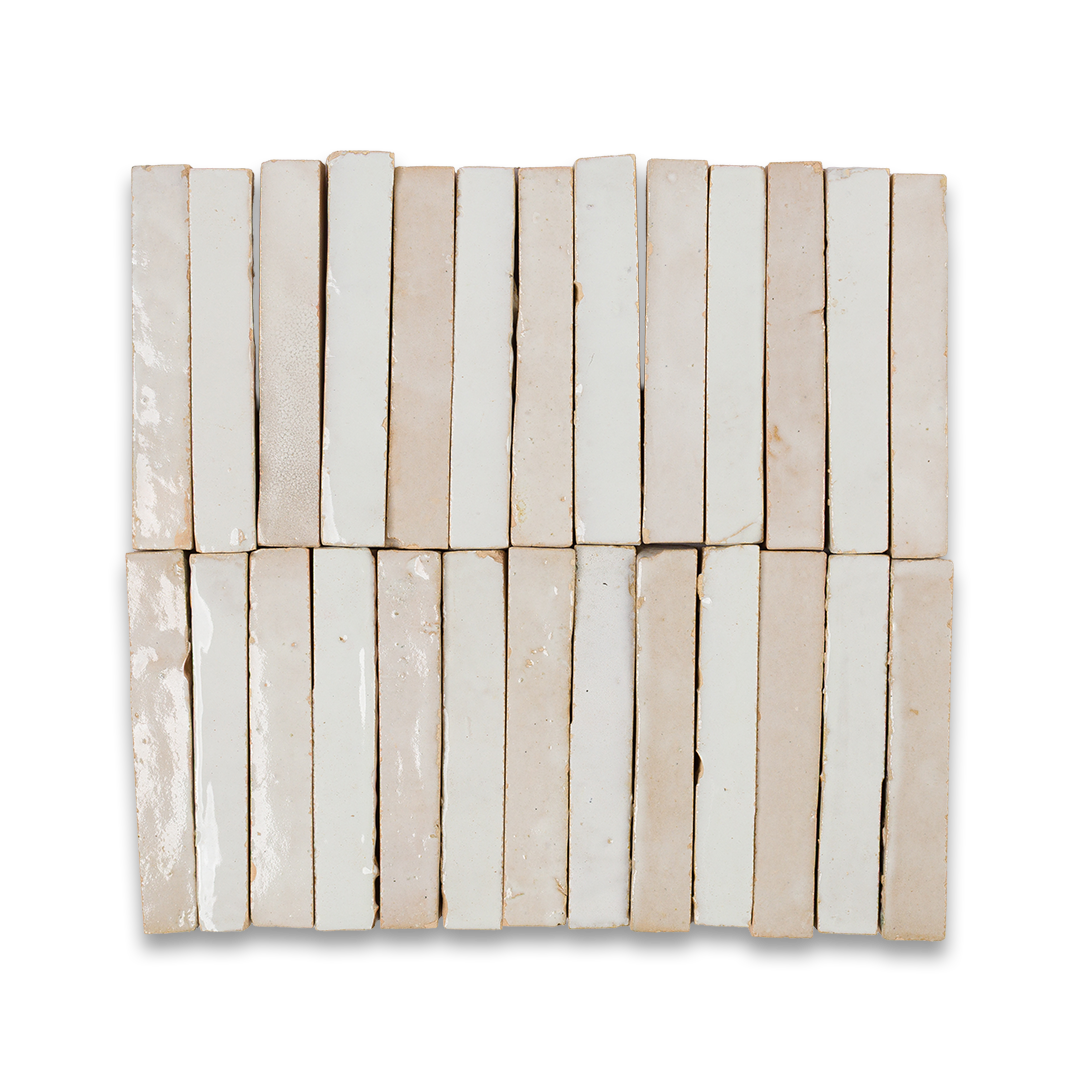 Rectangular tile with horizontal slats in beige and white on a white background