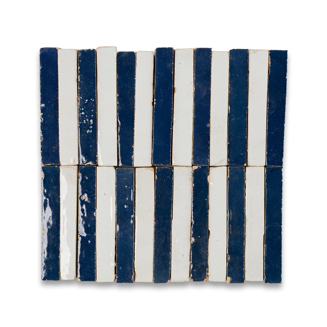 Set of blue and white striped tiles on a white background