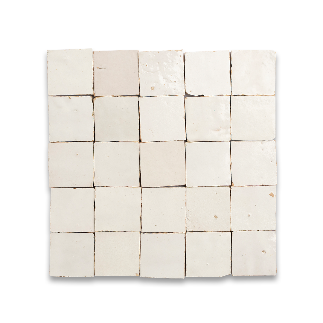 Square arrangement of white tiles on a white background