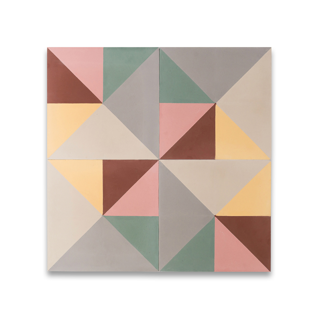 Cement tile featuring a geometric pinwheel pattern with pastel grey, yellow, green, pink, and terracotta triangles, matte finish, ideal for modern, mid-century, or eclectic interior flooring and wall décor applications.