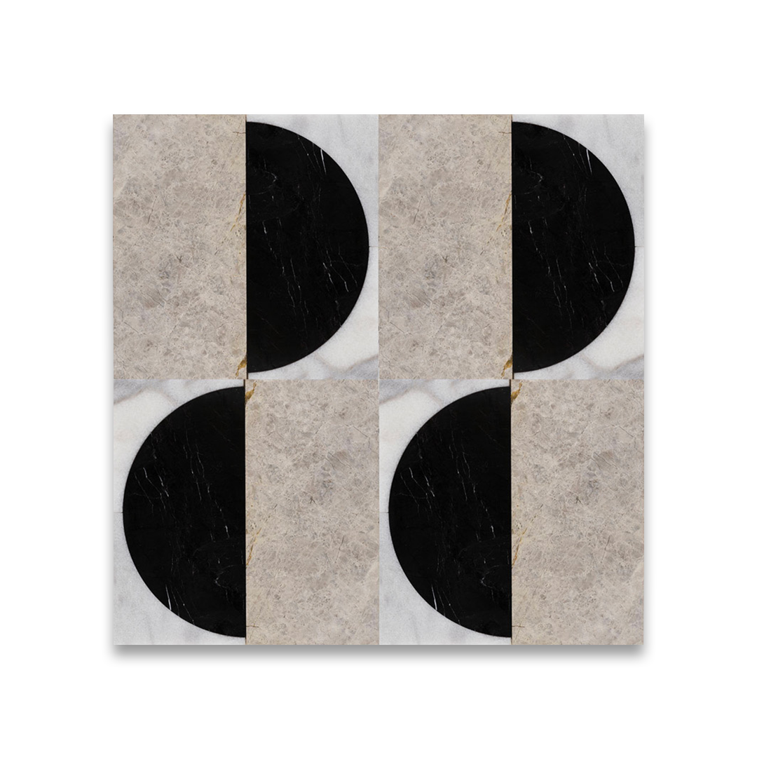 Decorative tile with black and beige circular patterns on a white background