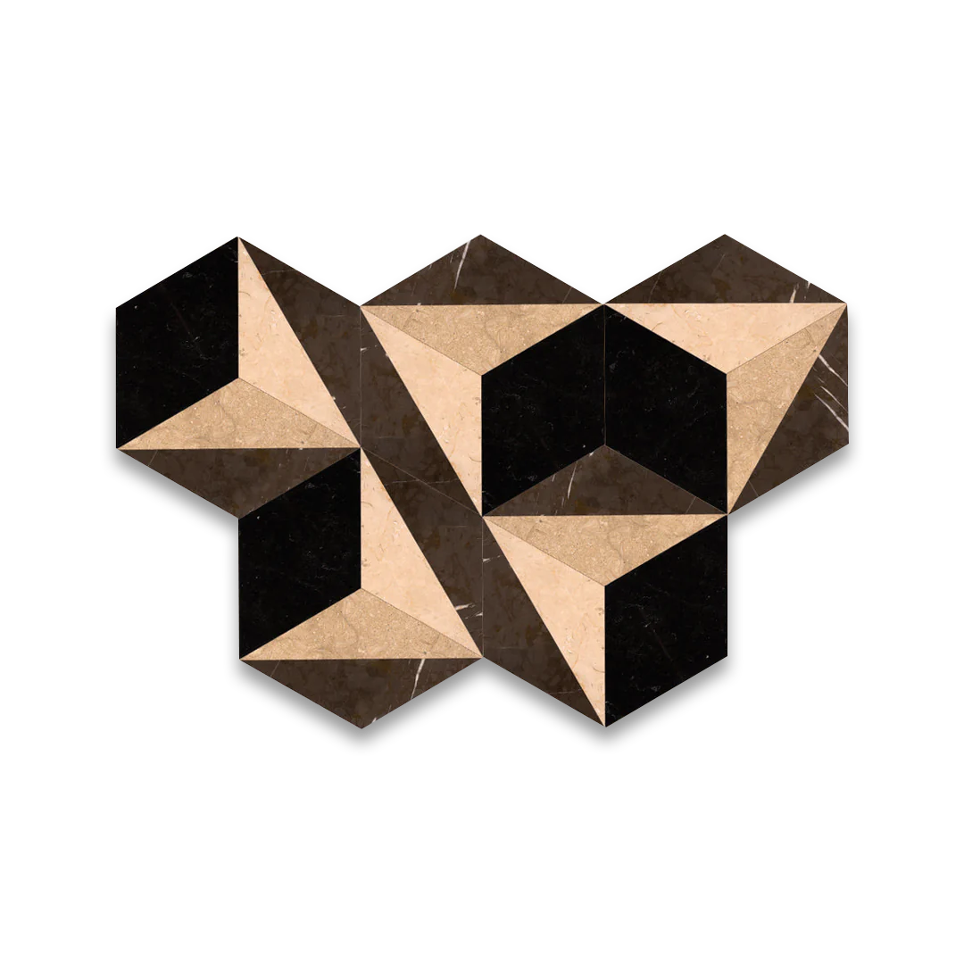 Geometric marble tile with black and beige pattern on a white background