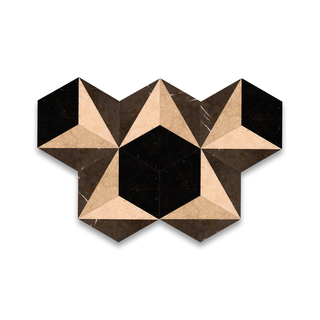 Hexagonal tile with a geometric pattern on a white background