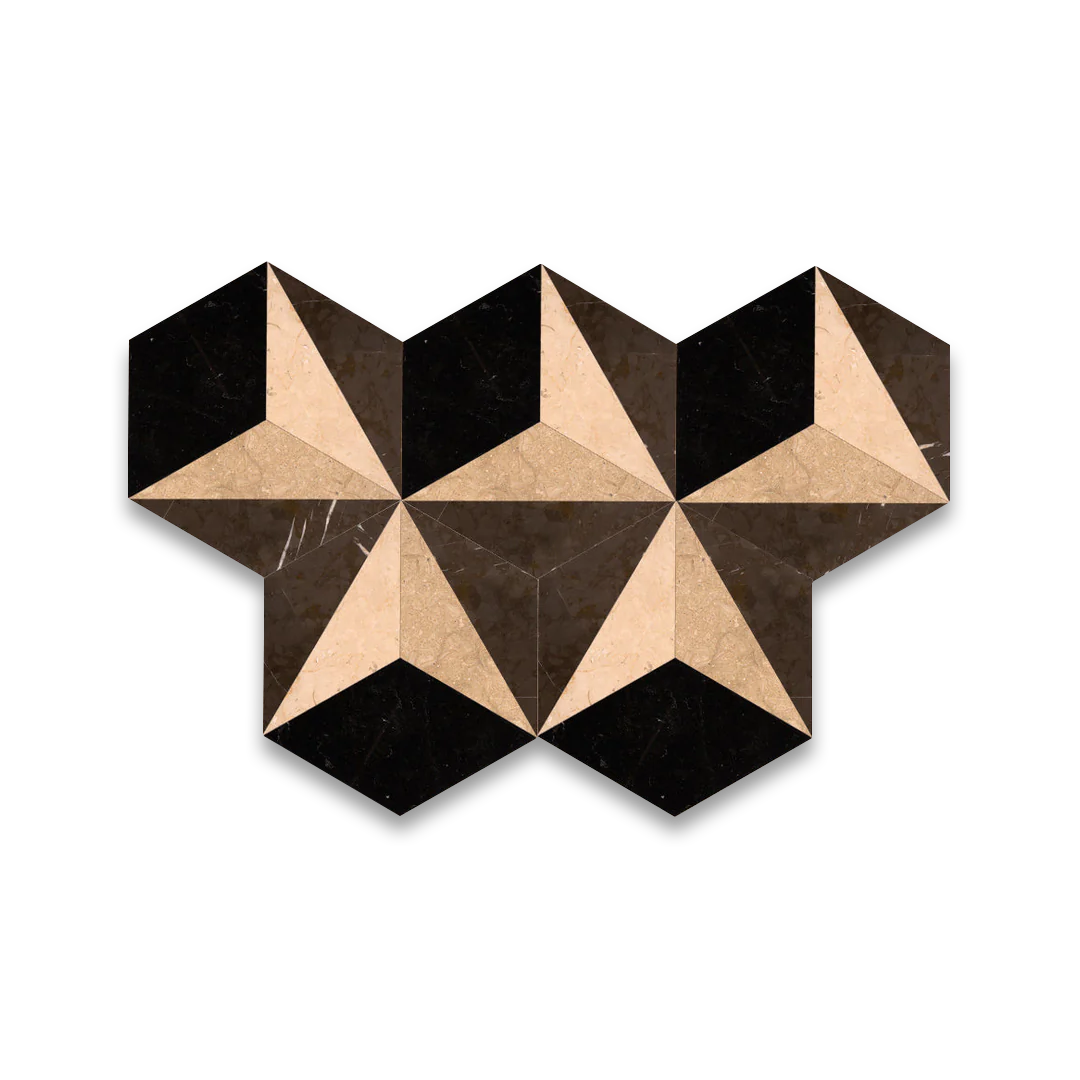 Hexagonal tiles with a black and beige pattern on a white background